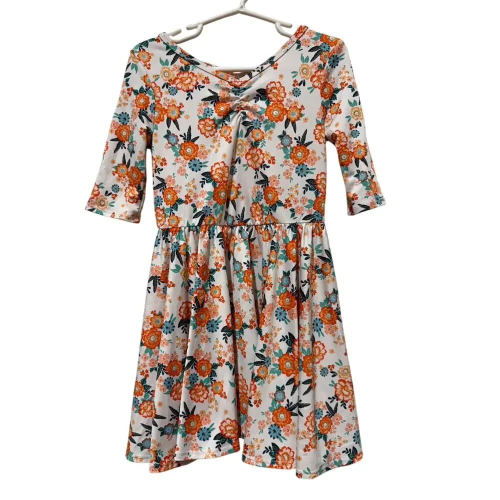 Dot Dot Smile Ballerina Twirl Dress White Orange teal flowers Size 3/4